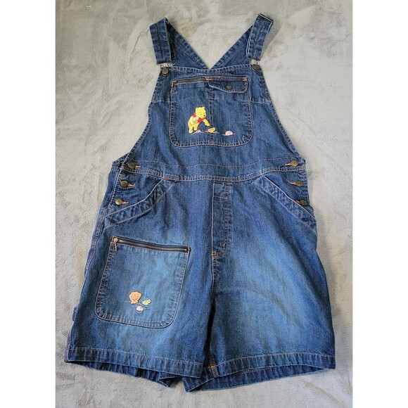 VTG Disney Winnie the Pooh Piglet Womens Blue Denim Overall Shorts XL Embroidery - Picture 1 of 13